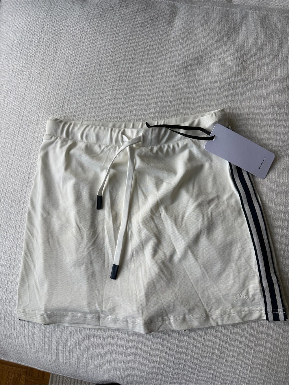 Varley Women's White Drawstring Athletic Shorts with Side Stripe